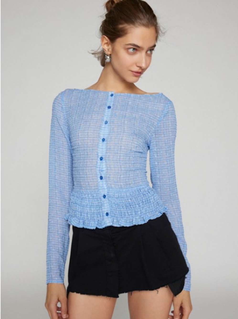 Lioness blue plaid sheer ruched peplum blouse smocked ruffle cottagecore